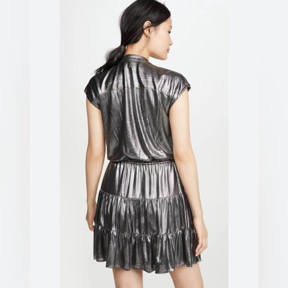 NWT REBECCA MINKOFF OLLIE Gray Silver GUNMETAL Shiny Button Mini Dress MEDIUM - Picture 2 of 16